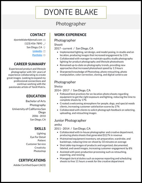 shooter resume examples|11 Real Photographer Resume Examples That Worked in 2024 .
